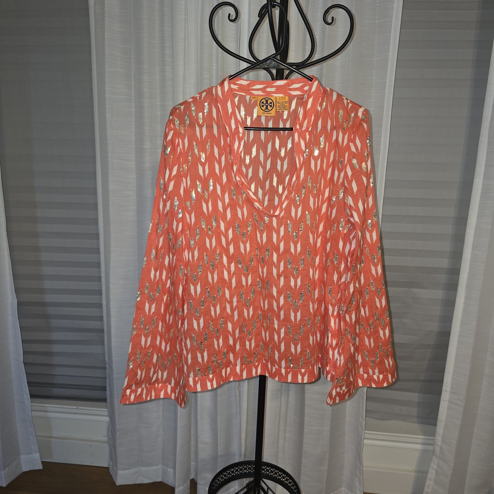 Tory Burch Bergdorf Goodman Coral Gold Sequined Tunic Sz 10 Like New!